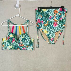 Cacique Swim Suit Set 38D‎ Lined Bra Top Size 14 High Waisted Brief Hawaiian